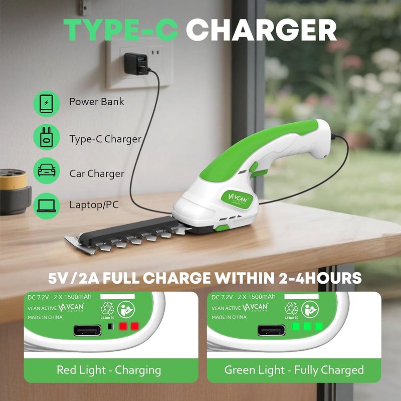 VCAN ACTIVE 7.2V Hedge Trimmer Cordless | 2-in-1 Handheld Electric Shrub Trimmer & Grass Shear with Pruning Shears | 3.0Ah Lightweight Rechargeable Battery Powered for Garden, Yard, Lawn - Image 5